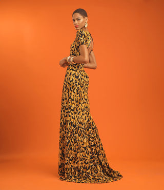 V NECK LEOPARD EMBROIDERED COLUMN GOWN