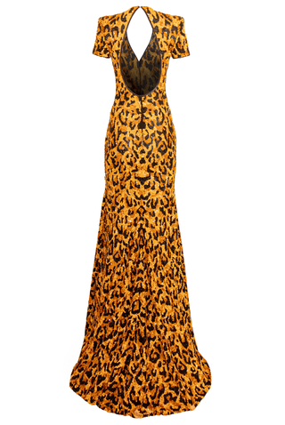 V NECK LEOPARD EMBROIDERED COLUMN GOWN