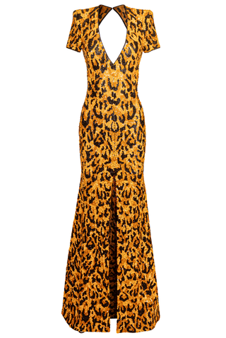 V NECK LEOPARD EMBROIDERED COLUMN GOWN