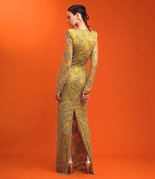 BEADED PAISLEY COLUMN GOWN WITH KEYHOLE DETAIL