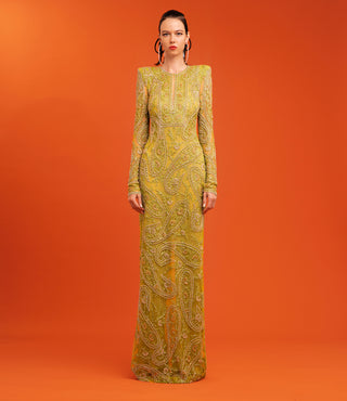 BEADED PAISLEY COLUMN GOWN WITH KEYHOLE DETAIL