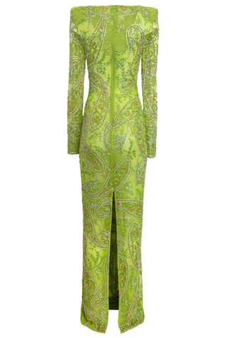 BEADED PAISLEY COLUMN GOWN WITH KEYHOLE DETAIL