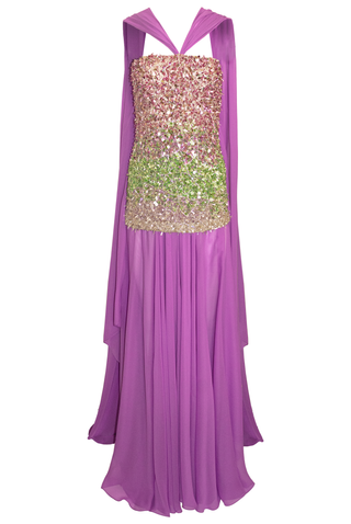 BEADED STRAPLESS DRESS WITH CHIFFON DETAIL