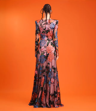 V-NECK MULTI-COLORED FLORAL GOWN