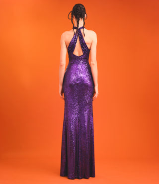 STRETCH SEQUIN CROSS FRONT GOWN