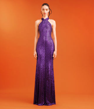 STRETCH SEQUIN CROSS FRONT GOWN