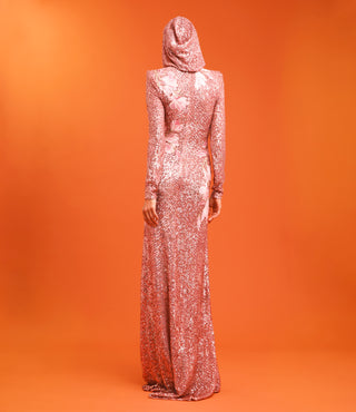 STRETCH SEQUIN FLORAL APPLIQUE GOWN