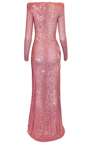 STRETCH SEQUIN FLORAL APPLIQUE GOWN