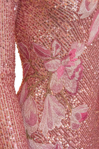 STRETCH SEQUIN FLORAL APPLIQUE GOWN