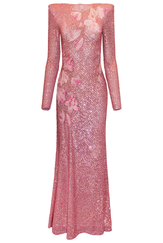 STRETCH SEQUIN FLORAL APPLIQUE GOWN