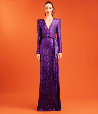 STRETCH SEQUIN LONG SLEEVE V NECK GOWN