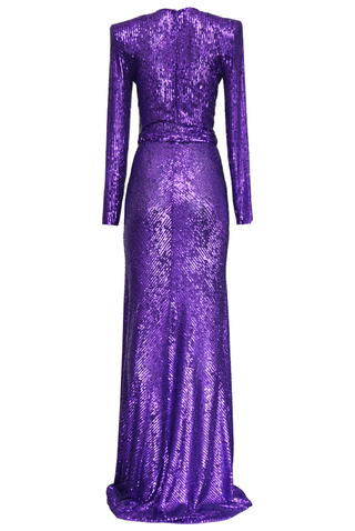 STRETCH SEQUIN LONG SLEEVE V NECK GOWN