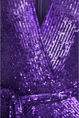 STRETCH SEQUIN LONG SLEEVE V NECK GOWN