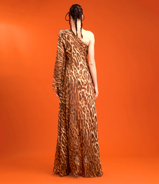 ONE SHOULDER LEOPARD PRINT CHIFFON GOWN
