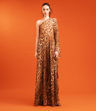 ONE SHOULDER LEOPARD PRINT CHIFFON GOWN