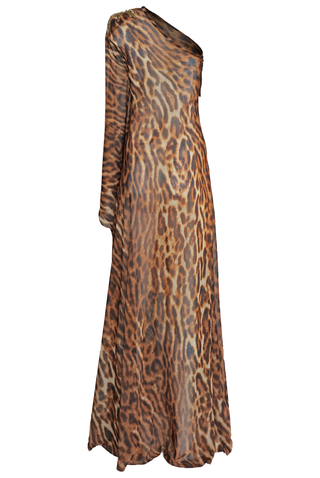 ONE SHOULDER LEOPARD PRINT CHIFFON GOWN