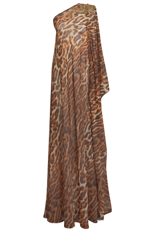 ONE SHOULDER LEOPARD PRINT CHIFFON GOWN