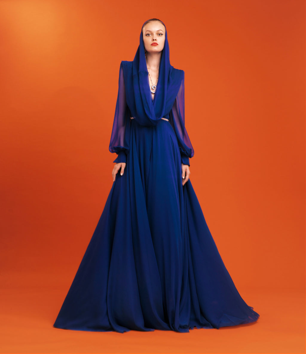 V-Neck Floor-Length Sheath Gown with Crystal Cuffs Dark Navy