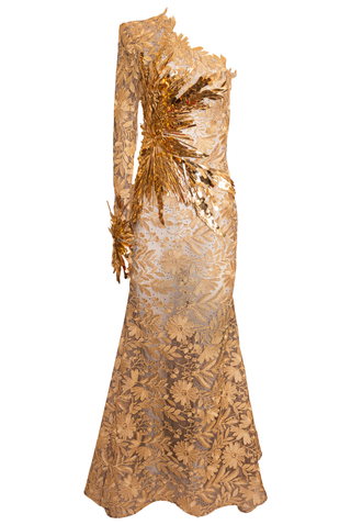 ONE SHOULDER COLUMN GOWN WITH EMBROIDERY DETAIL