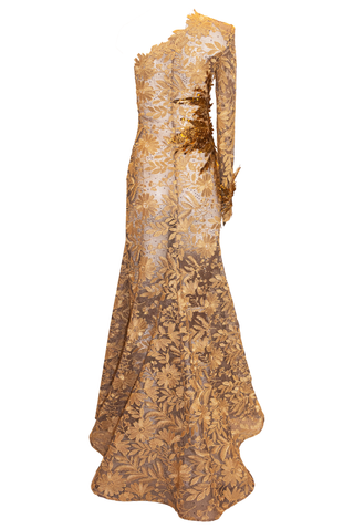 ONE SHOULDER COLUMN GOWN WITH EMBROIDERY DETAIL