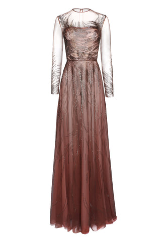 ABSTRACT BEADED LONG SLEEVE GOWN