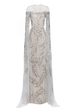 ILLUSION NECKLINE FIT AND FLARE GOWN W/ CASCADING SLEEVES
