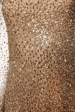 OMBRE BEADED CRISS-CROSS NECK FIT AND FLARE GOWN