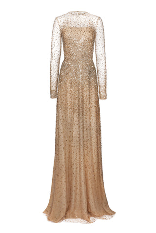OMBRE BEADED JEWEL NECK LONG SLEEVE GOWN