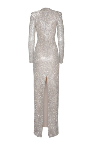 BEADED JEWEL NECK LONG SLEEVE COLLUMN GOWN
