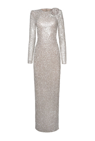 BEADED JEWEL NECK LONG SLEEVE COLLUMN GOWN