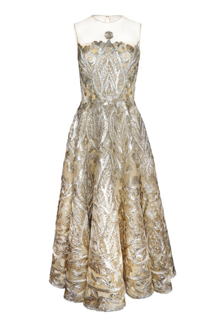 EMBROIDERED ILLUSION NECKLINE TEA-LENGTH DRESS