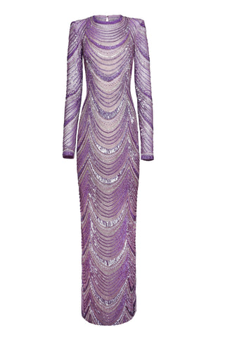 BEADED JEWEL NECK COLUMN GOWN