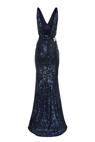 STRETCH SEQUIN V-NECK GOWN WITH EMBELLISHED LEAF DETAIL