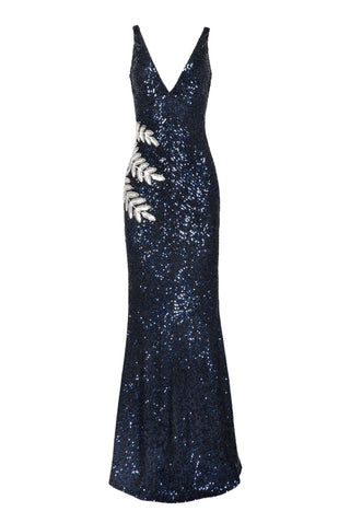 STRETCH SEQUIN V-NECK GOWN WITH EMBELLISHED LEAF DETAIL