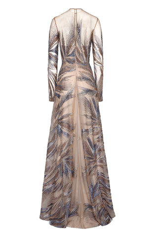 ABSTRACT BEADED LONG SLEEVE GOWN