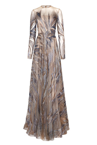 ABSTRACT BEADED LONG SLEEVE GOWN