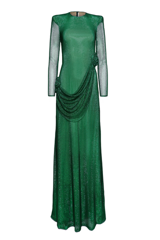 CRYSTAL MESH JEWEL NECK LONG SLEEVE GOWN