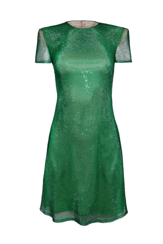CRYSTAL MESH JEWEL NECK CAP SLEEVE DRESS