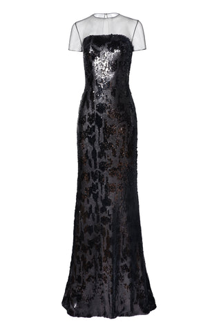 LEOPARD STRETCH SEQUIN ILLUSION NECKLINE FIT-AND-FLARE GOWN