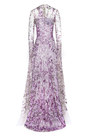 FLORAL FIT AND FLARE GOWN WITH CASCADING SLEEVES