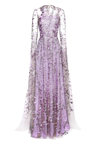 FLORAL FIT AND FLARE GOWN WITH CASCADING SLEEVES