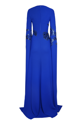 CREPE BOAT NECK CASCADING SLEEVE GOWN
