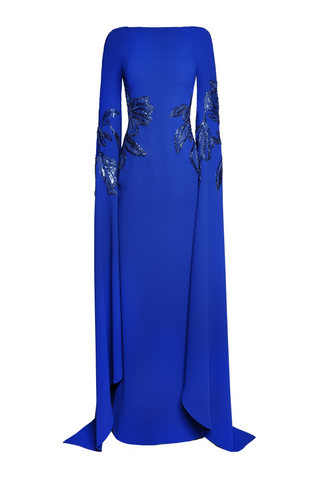 CREPE BOAT NECK CASCADING SLEEVE GOWN