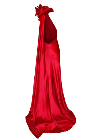 DRAPED HALTER SCARF GOWN WITH FLOWER DETAIL