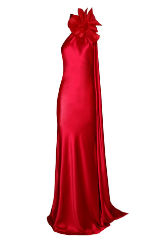 DRAPED HALTER SCARF GOWN WITH FLOWER DETAIL