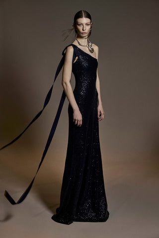 STRETCH SEQUIN ONE SHOULDER GOWN WITH RIBBON DETAIL