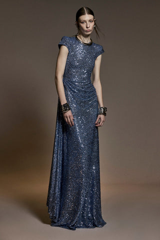 STRETCH SEQUIN CAP SLEEVE DRAPED GOWN