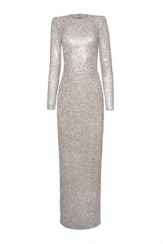 BEADED JEWEL NECK LONG SLEEVE COLLUMN GOWN