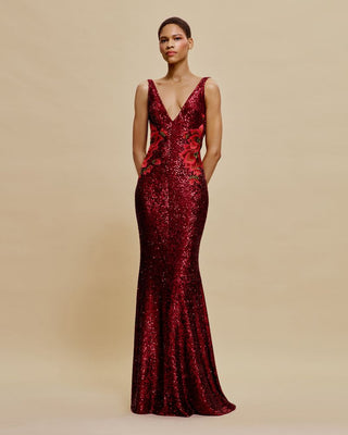 STRETCH SEQUIN V-NECK FIT-AND-FLARE GOWN WITH COWL BACK