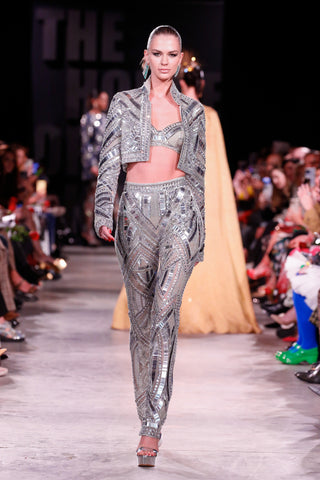 Geometric Embellished Long Sleeve Jacket, Bralette and Pants